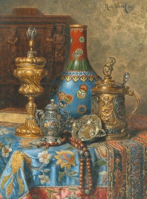 Still Life with Antiques and a Chinese Cloisonne Vase by Max Schodl Oil Painting