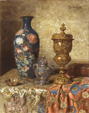 Still Life with Cloisonne Vase, Covered Goblet, Lidded Vase and Tastevin by Max Schodl Oil Painting