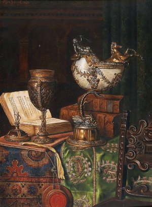 Still Life With Nautilus Goblet And Books by Max Schodl Oil Painting