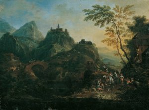 Ideale Berglandschaft mit Brucke by Maximilian Joseph Schinnagl Oil Painting