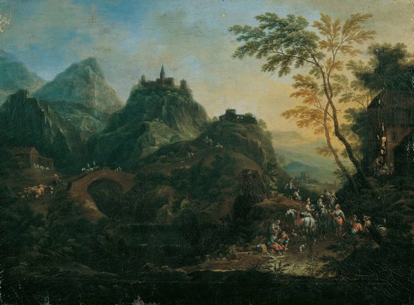 Ideale Berglandschaft mit Brucke by Maximilian Joseph Schinnagl - Hand-Painted Oil Painting Reproduction
