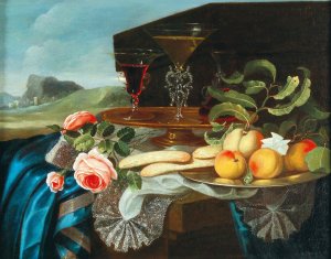 Still life of flowers and fruit by Maximilian Pfeiler Oil Painting