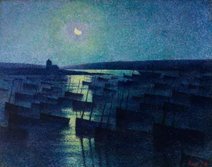 Camaret, Moonlight and Fishing Boats by Maximilien Luce Camaret, Moonlight and Fishing Boats Oil painting by Maximilien Luce