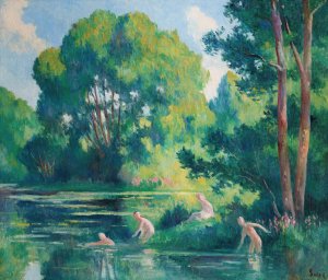 Rolleboise, baignade dans le petit bras de la Seine by Maximilien Luce Oil Painting