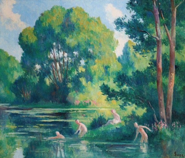 Main Product Photo of Rolleboise, baignade dans le petit bras de la Seine  Painting by Maximilien Luce