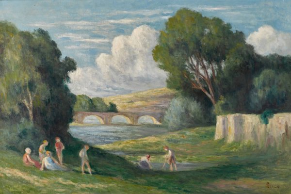 Rolleboise, baigneurs pres du bras de Seine  by Maximilien Luce - Hand-Painted Oil Painting Reproduction