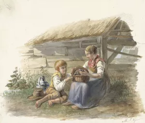 Meisje en jongetje met een mandje jonge vogels Oil painting by Maximilienne Guyon