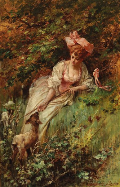 A Shepherdess by Maynard Brown - Hand-Painted Oil Painting Reproduction