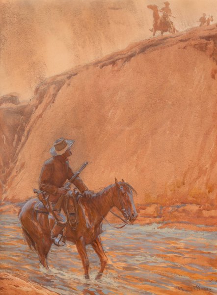 The fugitive's horse plunged into the deep water  by Maynard Dixon - Hand-Painted Oil Painting Reproduction
