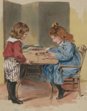 Two children playing with a puzzle by Mcloughlin Bros Oil Painting