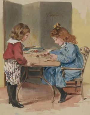 Two children playing with a puzzle by Mcloughlin Bros Oil Painting