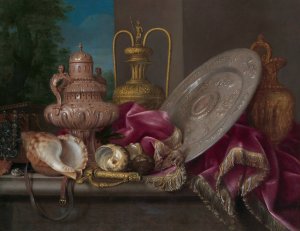 Still Life with Silver and Gold Plate, Shells, and a Sword Fourth Quarter by Meiffren Conte Oil Painting