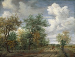 A Wooded Landscape with Figures by Meindert Hobbema Oil Painting