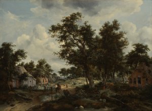A Wooded Landscape with Travelers on a Path through a Hamlet by Meindert Hobbema Oil Painting