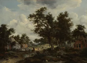 A Wooded Landscape with Travelers on a Path through a Hamlet by Meindert Hobbema Oil Painting