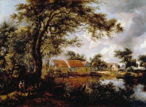 Wooded landscape with a Water-mill by Meindert Hobbema Oil Painting