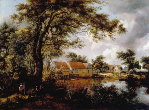 Wooded landscape with a Water-mill by Meindert Hobbema Oil Painting