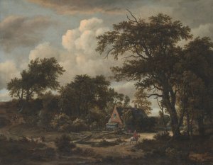 Wooded Landscape with Cottage and Horseman by Meindert Hobbema Oil Painting