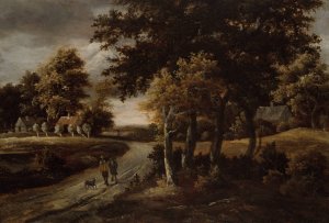 Wooded Landscape with Figures on a Path by Meindert Hobbema Oil Painting