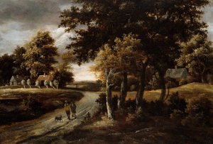 Wooded Landscape with Figures on a Path by Meindert Hobbema Oil Painting