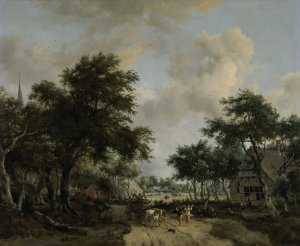 Wooded Landscape with Merrymakers in a Cart by Meindert Hobbema Oil Painting