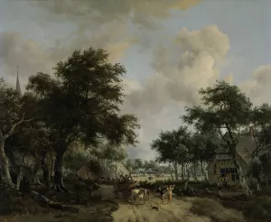 Wooded Landscape with Merrymakers in a Cart by Meindert Hobbema Oil Painting