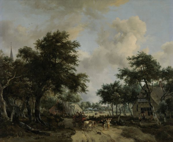 Main Product Photo of Wooded Landscape with Merrymakers in a Cart  Painting by Meindert Hobbema