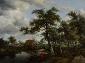 Wooded Landscape with Watermill by Meindert Hobbema Oil Painting