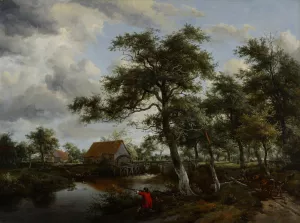 Wooded Landscape with Watermill by Meindert Hobbema Oil Painting