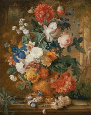 Peonies, Roses, Carnations, An Iris, Anemones, Auricula And Other Flowers In A Terracotta Vase by Melanie De Comolera Oil Painting