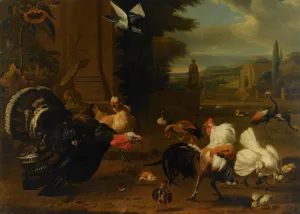 A Palace Garden with Exotic Birds and Farmyard Fowl by Melchior Hondecoeter - Oil Painting Reproduction