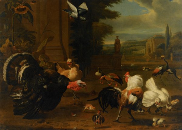 Main Product Photo of A Palace Garden with Exotic Birds and Farmyard Fowl Painting by Melchior Hondecoeter