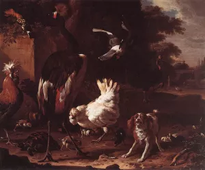 Birds and a Spaniel in a Garden by Melchior Hondecoeter - Oil Painting Reproduction