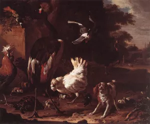 Birds and a Spaniel in a Garden Oil painting by Melchior Hondecoeter