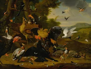Aesop's fable of the raven by Melchior De Hondecoeter Oil Painting