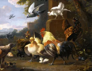 An Eagle, a Cockerell, Hens, a Pigeon in Flight and Other Birds painting by Melchior De Hondecoeter