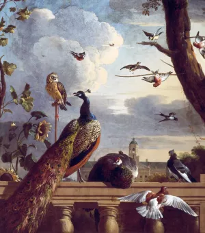 Birds near a Balustrade by Melchior De Hondecoeter - Oil Painting Reproduction