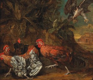 Fowl attacked by a bird of prey by Melchior De Hondecoeter Oil Painting