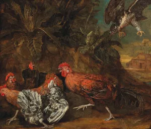 Fowl attacked by a bird of prey by Melchior De Hondecoeter Oil Painting