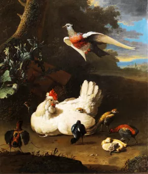 Poultry (Chicken, Chicks, Quail, Dove) in Landscape under a Tree painting by Melchior De Hondecoeter