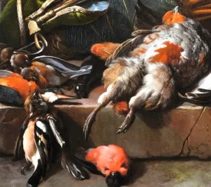 Still-life with Birds (Hunting Gear) - Detail painting by Melchior De Hondecoeter