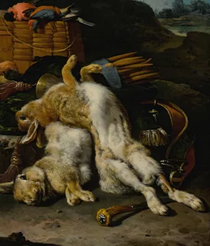A Brace Of Rabbits And Small Birds With Hunting Equipment In A Landscape by Melchior D'Hondecoeter Oil Painting