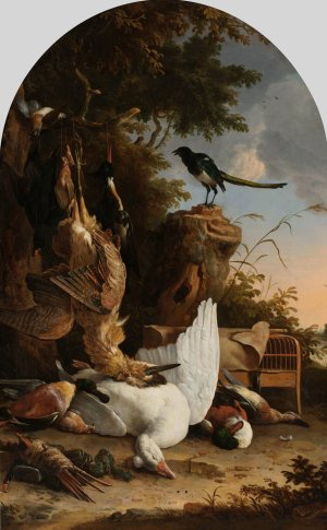 A Hunter's Bag near a Tree Stump with a Magpie, Known as 'The Contemplative Magpie' by Melchior D'Hondecoeter Oil Painting