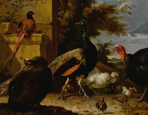 A peacock, pea-hen, pheasant, turkey, cockerel and chick by a wall, a landscape beyond by Melchior D'Hondecoeter Oil Painting