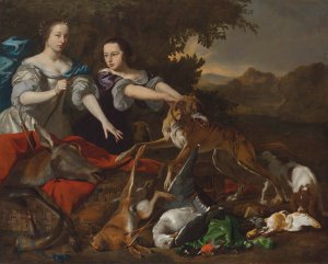 Portrait of a lady in as the goddess Diana and her attendant, with the spoils of the chase by Melchior D'Hondecoeter Oil Painting
