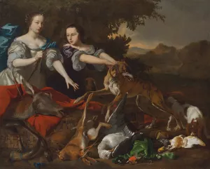 Portrait of a lady in as the goddess Diana and her attendant, with the spoils of the chase by Melchior D'Hondecoeter Oil Painting