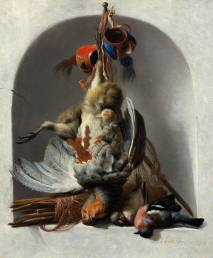 Still Life with Birds and Hunting Gear in a Niche by Melchior D'Hondecoeter Oil Painting