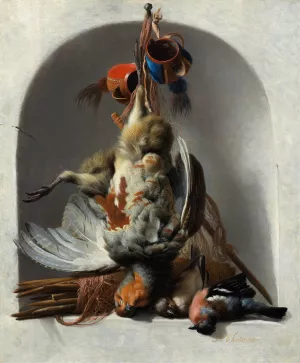 Still Life with Birds and Hunting Gear in a Niche by Melchior D'Hondecoeter Oil Painting