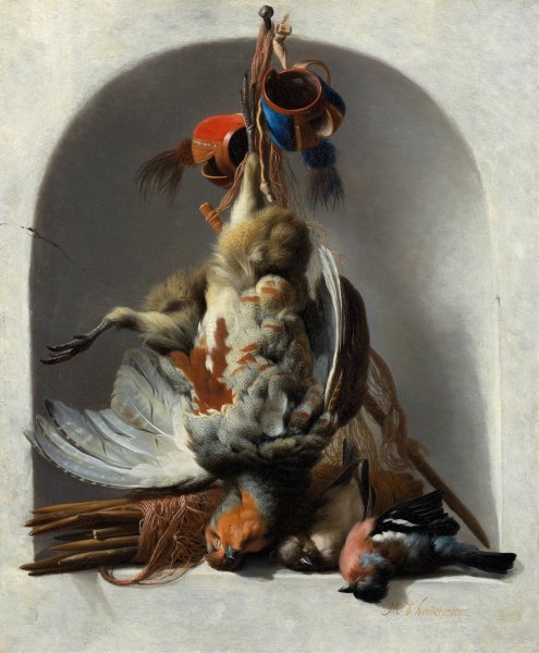 Still Life with Birds and Hunting Gear in a Niche  by Melchior D'Hondecoeter - Hand-Painted Oil Painting Reproduction