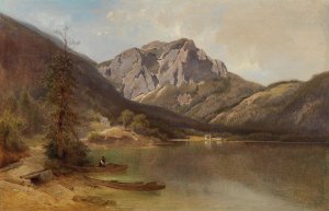 On the Shore of Lake Langbathsee by Melchior Fritsch Oil Painting